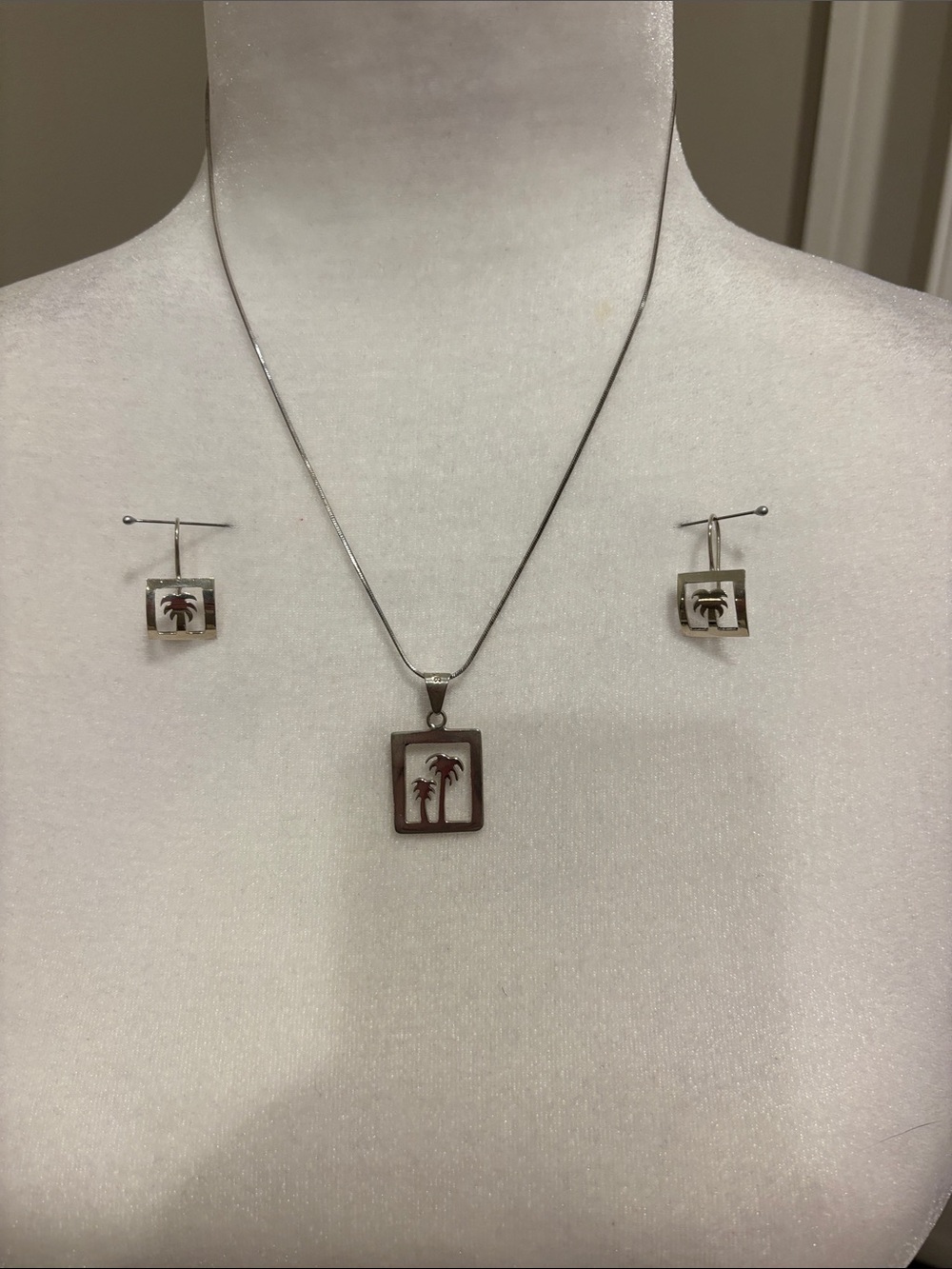 Sterling Silver Palm Tree Pendant Necklace and Earring Set - Silver